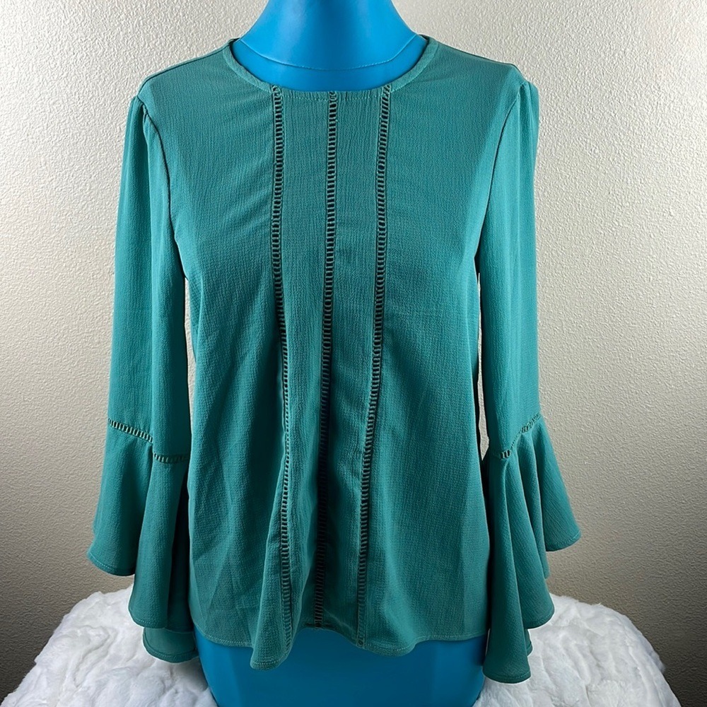 June & Hudson Teal Green Ladder Lace Bell Sleeve Blouse Top Small